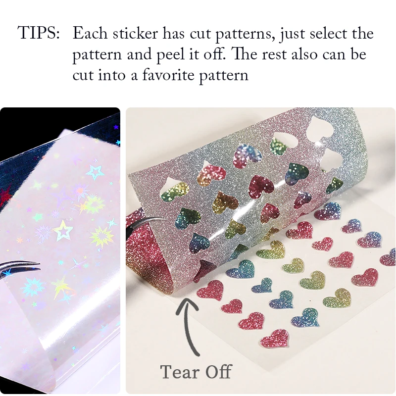 Love Heart Aurora Pattern Nail Stickers Sparkly 3D Iridescent Star Heart Nail Decoration Wraps Valentine Manicures Tools