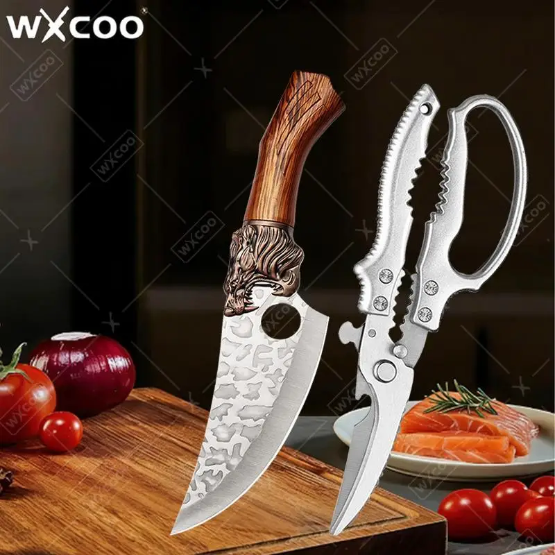 Multifunctional Hand Forged Stainless Steel Kitchen Knives Meat Cleaver Fruit Vegetable Knife Professional Scissor BBQ Knife