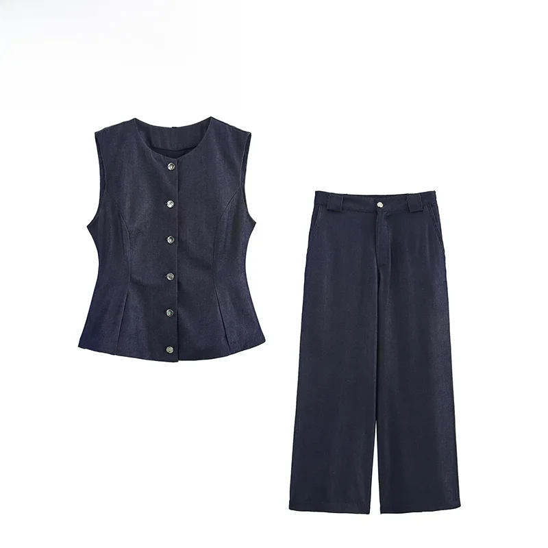 

Fashionable Pleated Hem Vest High Waist Wide Leg Pants Set ZR Spring New Arrival Women's Clothing Elegant Style Button up