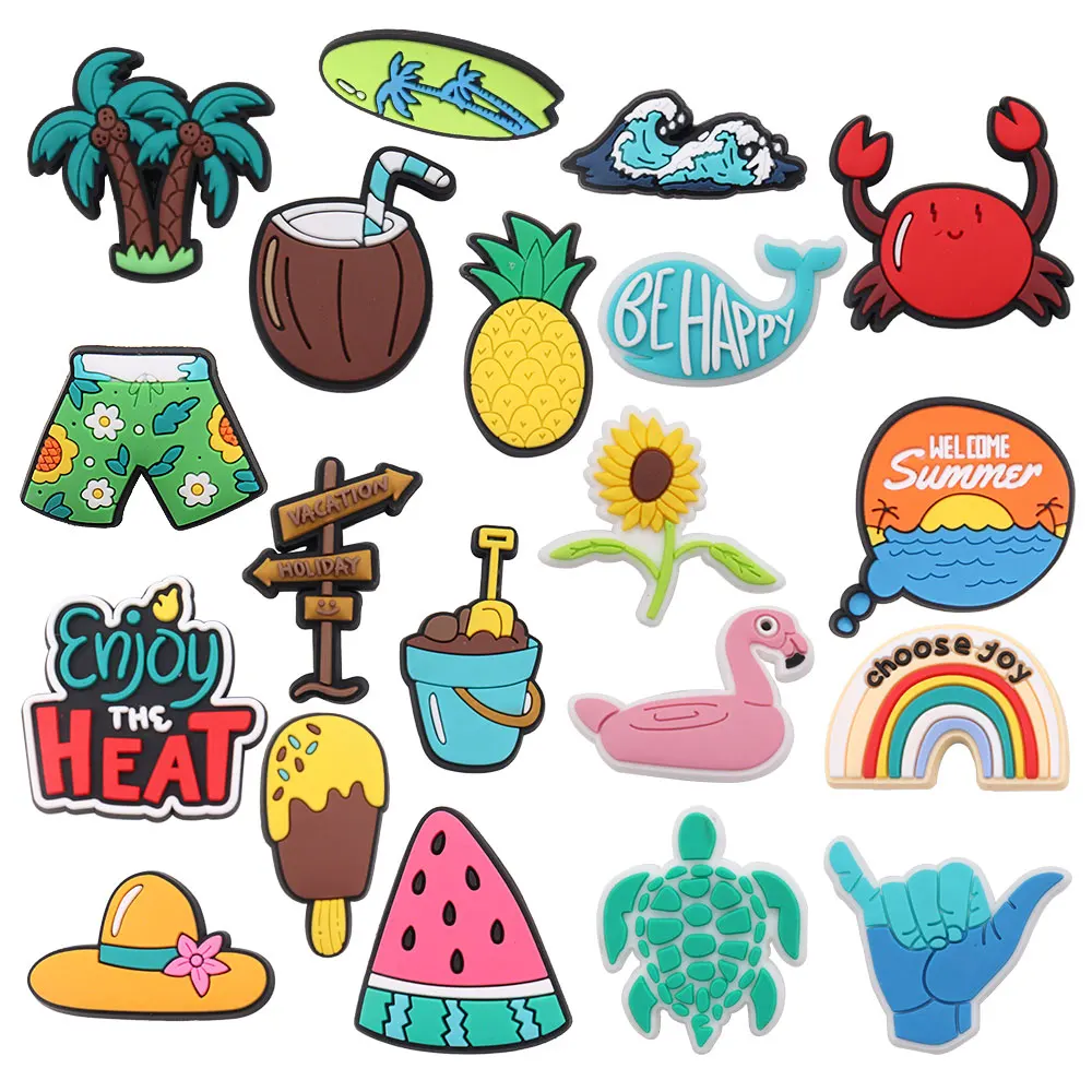 

Mix 50pcs PVC Shoe Charms Enjoy The Heat Choose Joy Vacation Holiday Coconut Tree Crab Pineapple Sunflower Hole Slipper Ornament