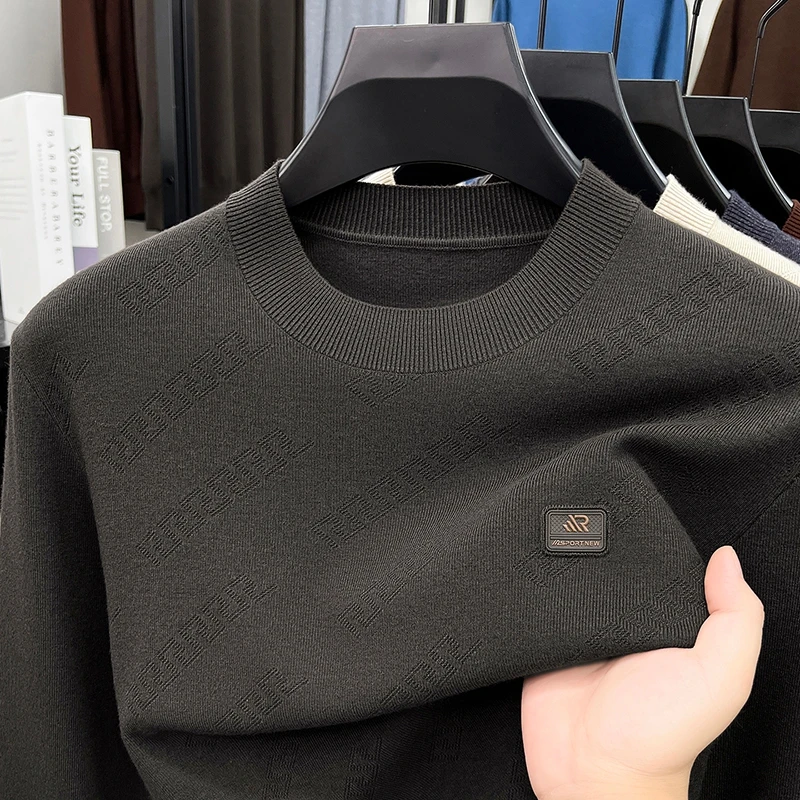 Modischer, trendiger Herren-Strickpullover mit Rundhalsausschnitt in Uni-Farbe, hautfreundlich, langärmelig, für Herbst und Winter, Business-Casual-Herrenbekleidung – Detail 6