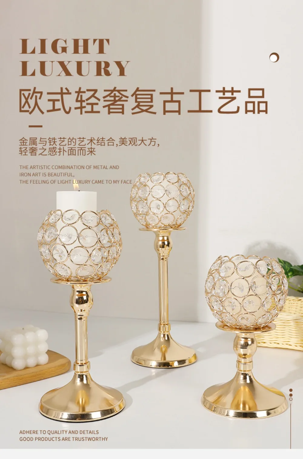 European Style Golden Crystal Candlestick Home Accessories Ornaments Iron Candlestick Wedding Wedding Candlelight Dinner Props