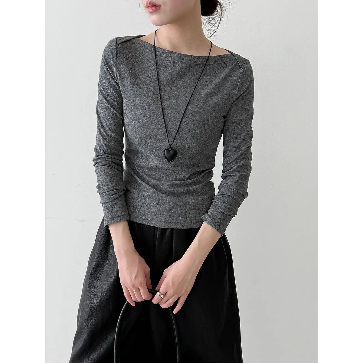 Retro High Intelligence Boat Neck Design Long Sleeve Women's T-shirt Slim Fit Inner Wear Cotton Casual Style Autumn Top