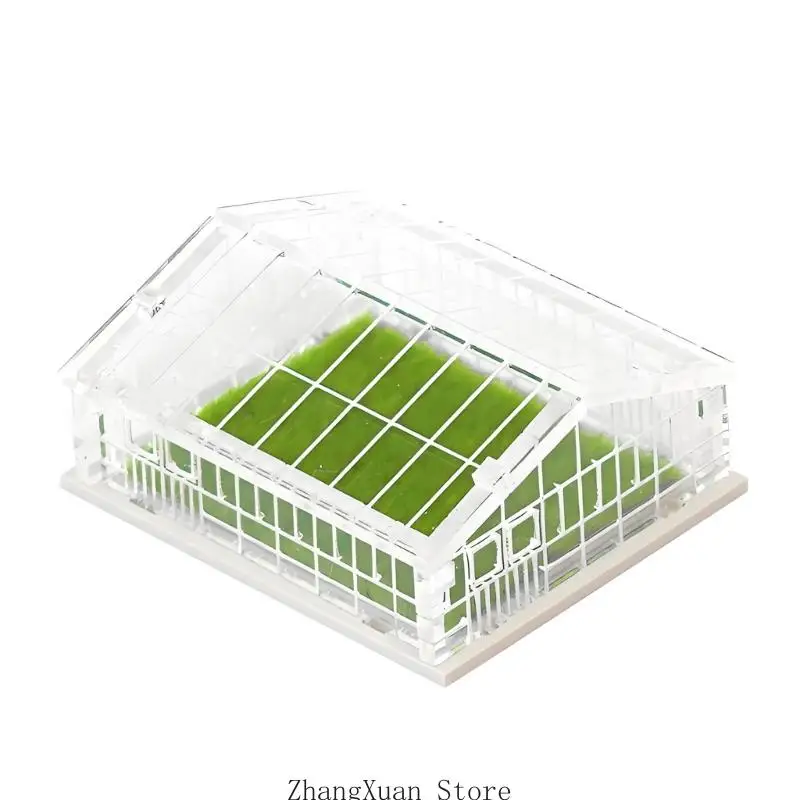 Miniature Greenhouse with Sloped Roof Frame and Artificial Grass Base 3XUF