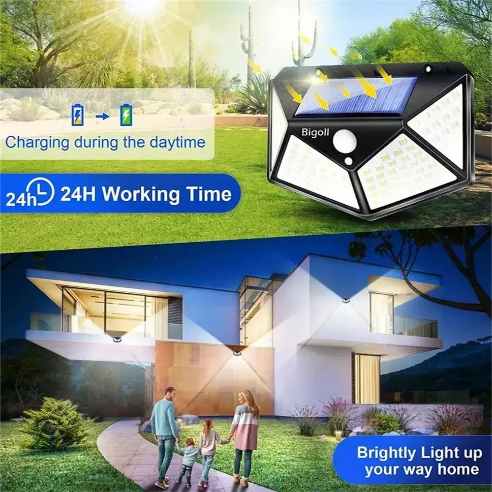 Luce solare a LED 100Led 3 modalità Sensore di movimento solare Lampada solare per esterni Lampada da parete per strada da giardino di sicurezza