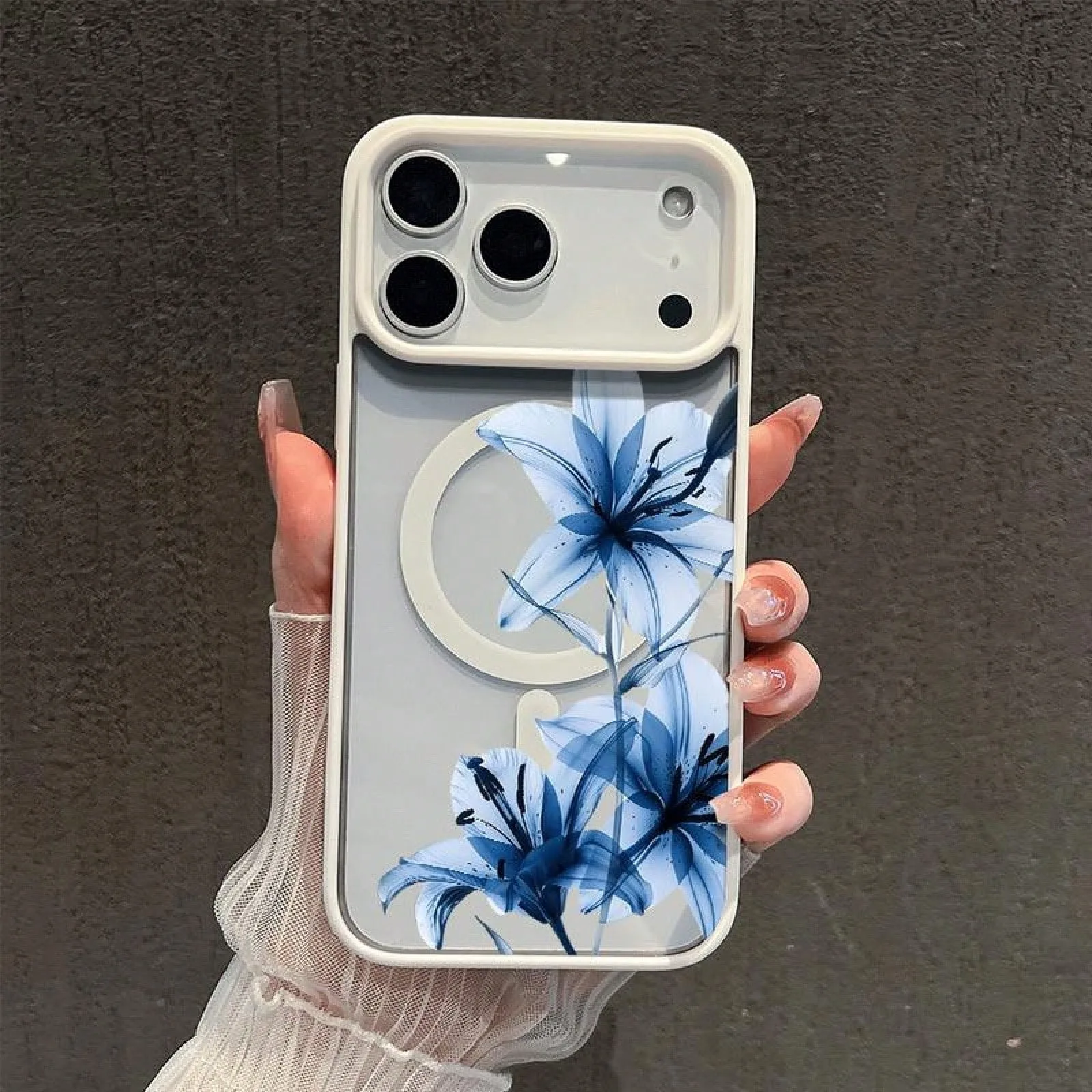 Blue Lily Whisper Large Hole Matte Frame Transparent Magnetic Phone Case For iPhone 18 17 16 15 14 13 12 11 Pro Max Plus Cover