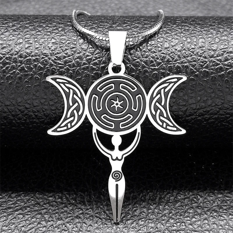 

Fashion Triple Moon Goddess Hecate Necklace for Women Men Stainless Steel Witch Knot Wicca Necklaces Neopagan Jewelry N9601S04