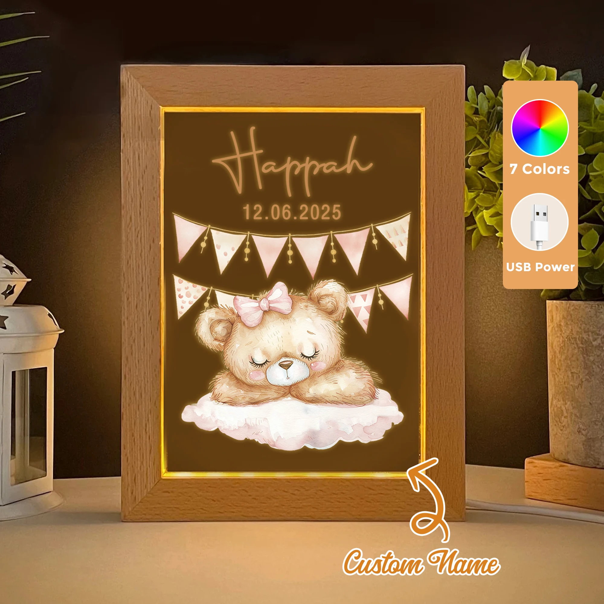 

2D Flat Custom Name Cartoon Bear LED Acrylic Night Light Wood Photo Frame 21x17cm Child Bedroom Gifts Home Decor