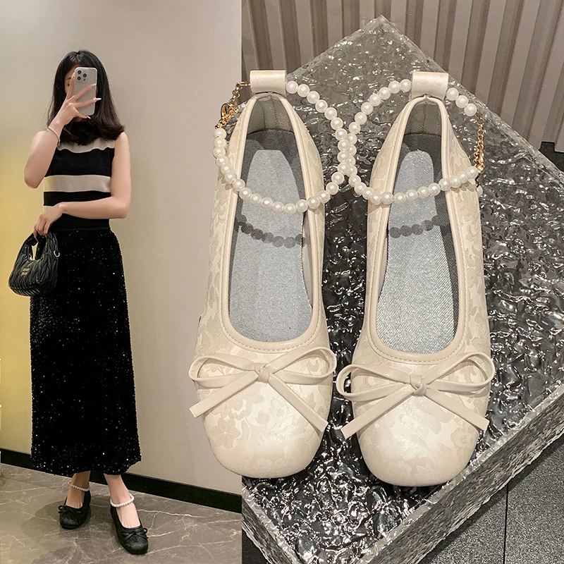 

New Style Casual Woman Shoe Square Toe Elegant Female Footwear Pearl Decorateion Shallow Mouth Moccasin Dress Beading Fall Flats