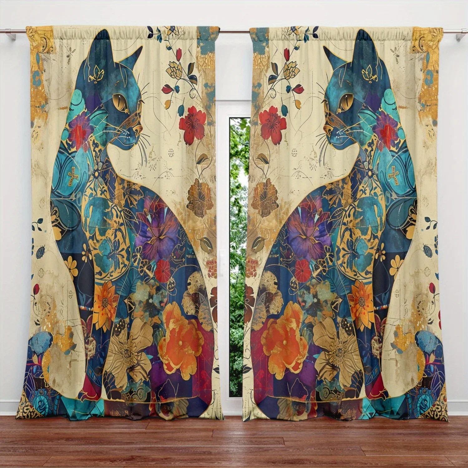 2pcs Artistic Cat Printed Curtain for Home Decor - Rod Pocket Window Treatment for Bedroom,Office,Kitchen,Living Room,and Study