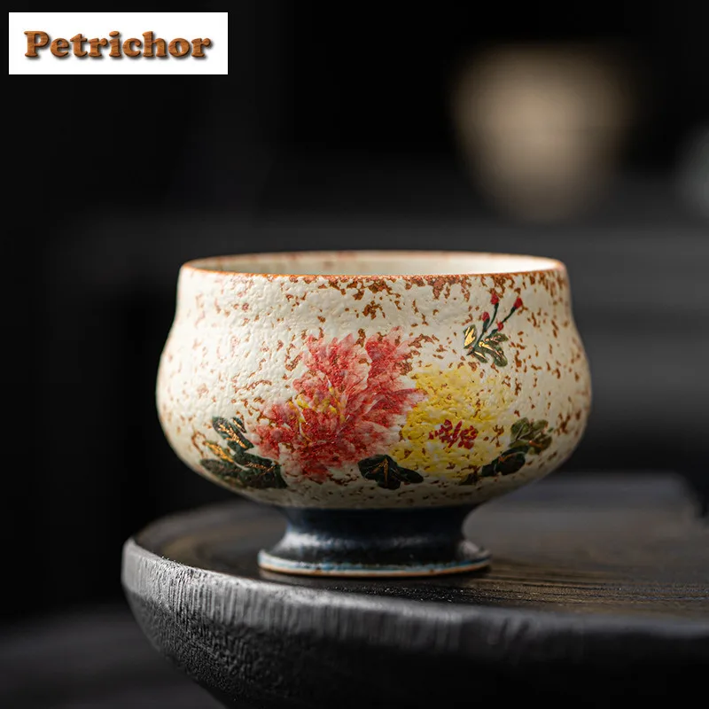 

140ml Hand Drawn Peony Waist Teacup Antique Tea Bowl Tea Pair Meditation Cup Jianzhan Master Cups Household Chinese Tea Set Gift