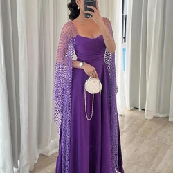 luxury Sequined Purple Satin Spaghetti Straps Evening Dresses Exquisite Straight Pleats Sleeveless Scoop Floor Length Party Gown