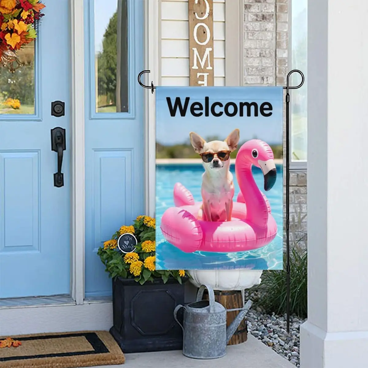 Welcome Chihuahua Dog Garden Flag Double Sided Burlap, Watercolor Butterfly, Summer Pool Party on Flamingo Float for Lawn &a yyi