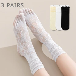 3 Pairs Lace Toe Socks Women Summer Hollow Out Mesh Five Finger Socks High Tube Cotton Socks with With Separate Fingers