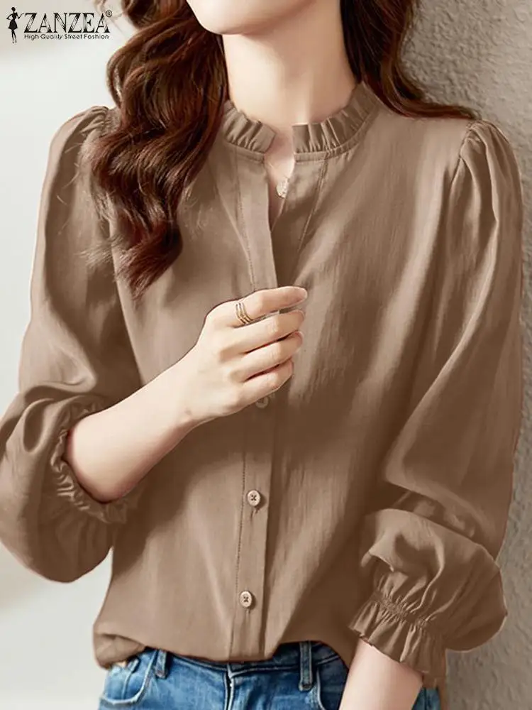 ZANZEA Autumn Vintage Solid Blouse Woman Long Sleeve V-Neck Shirt Female Casual Ruffles Tunic Tops Elegant Button Blusas 2023