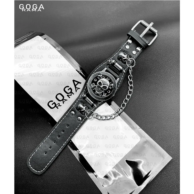 2024 New Product Launch Classic Flip Dial Design Quartz Watch for Men Black Leather Skull Punk Style Watch Halloween Gift