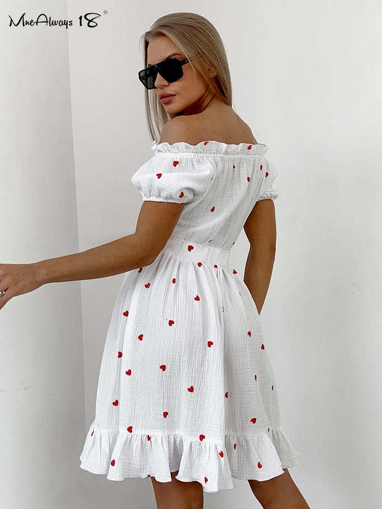 Mnealways18 Printing Heart Button Shirts Women Slash Neck Ruched Button Ruffled Dress Summer 2024 Office Lady Print A-Line Dress