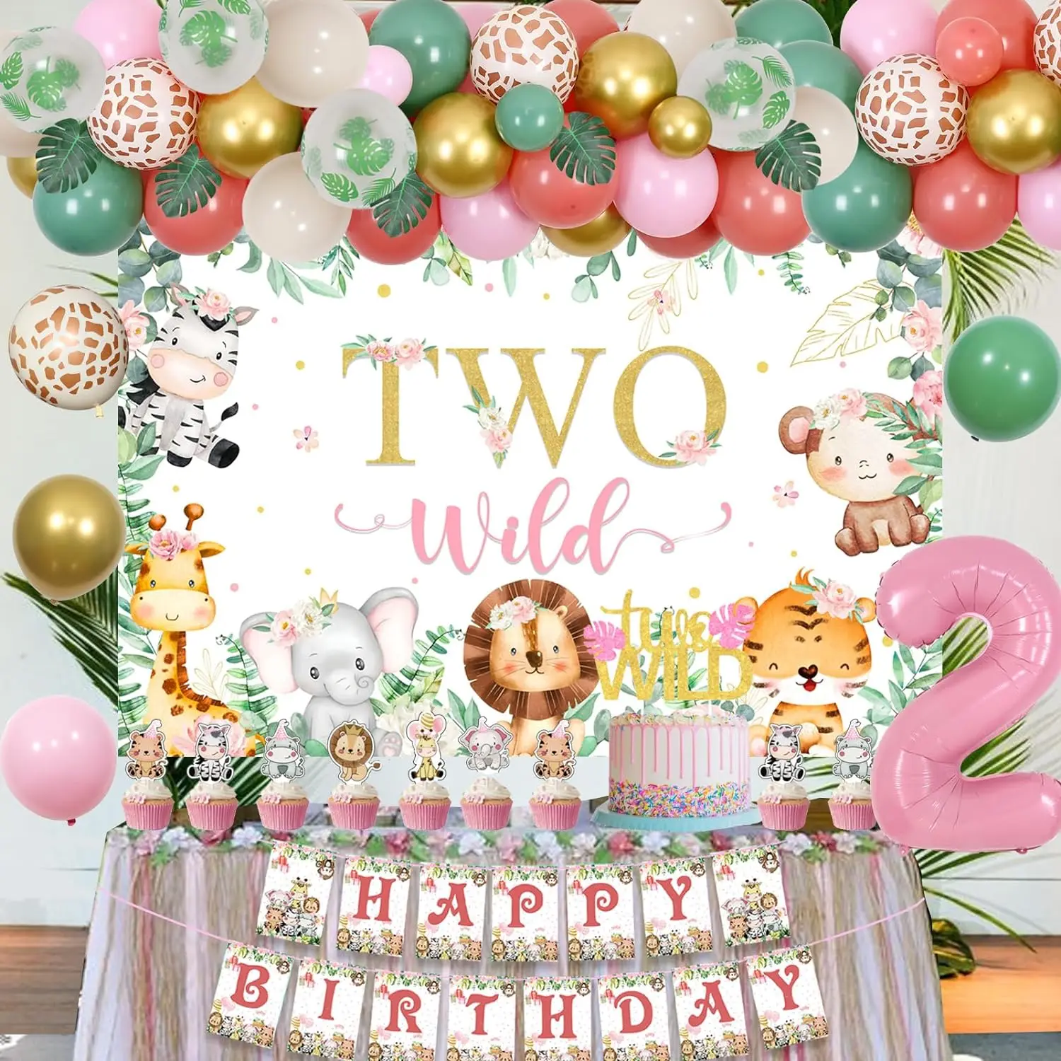 Jungle Animals Theme 2nd Birthday Decorations Girl Dusty Pink and Sage Green Balloon Arch Kit with Two Wild Backdrop Cake Topper