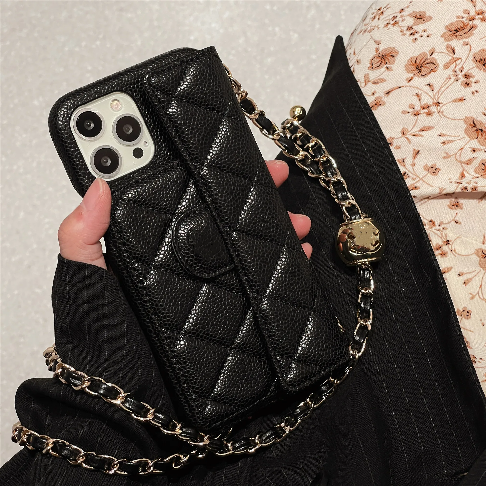 Chain with Phone Case  Model12/13/ 14/15 phone cases with crossbody straps and small golden ball Hanging rope crossbody  Shell