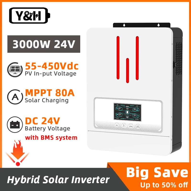 Y&H 3KW Hybrid Solar Inverter 3200VA 24V 220V MPPT 80A Charge Controller with BMS System Off Grid Pure Sine Wave Max PV 450V