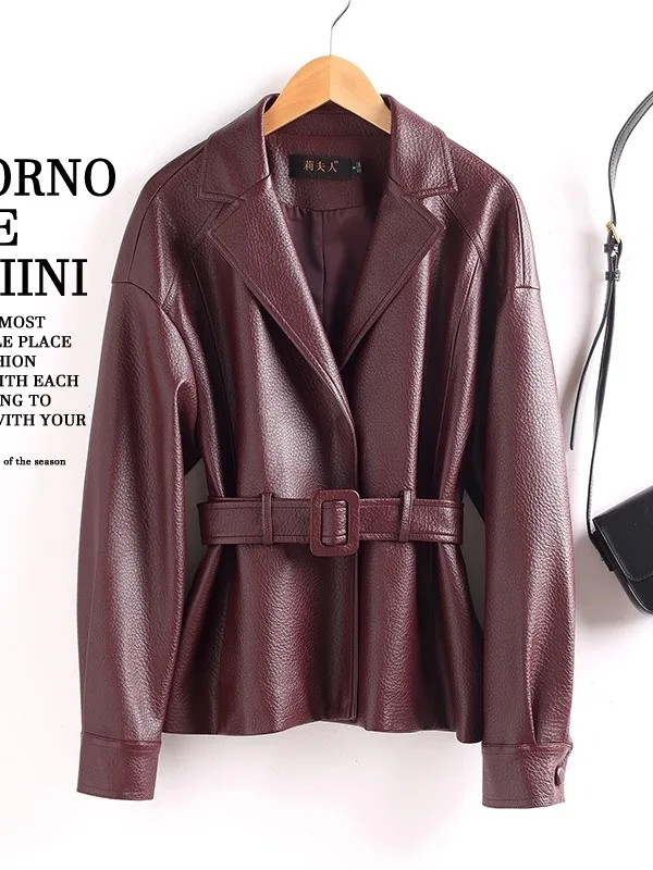 Real Leather Jaet Women ort Sle Spring Autumn New Model Waist Cinching Briti Sle eepskin Coat Trendy Commute Sle