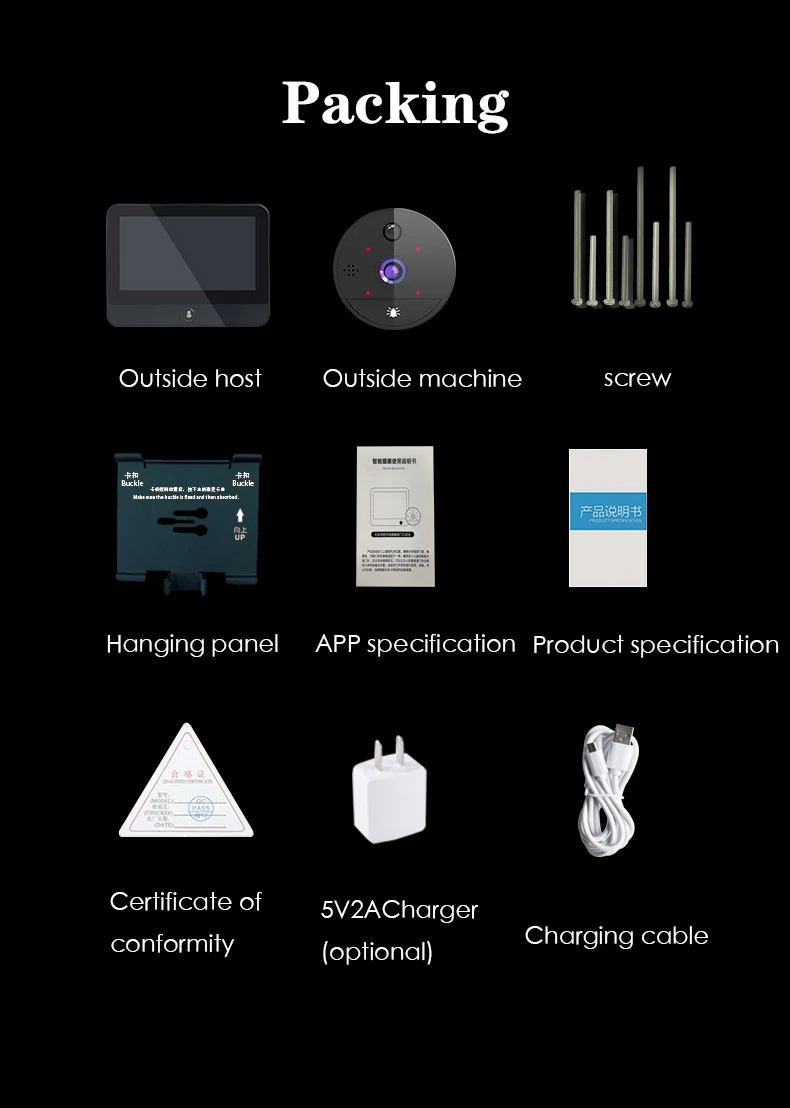 Cat Eye Electronic Video Intercom, Tuya App, Smart Wireless, Campainha Visual, Sistema de Segurança, Lembrete de Entrada, Câmera de Despertar em Dois Sentidos