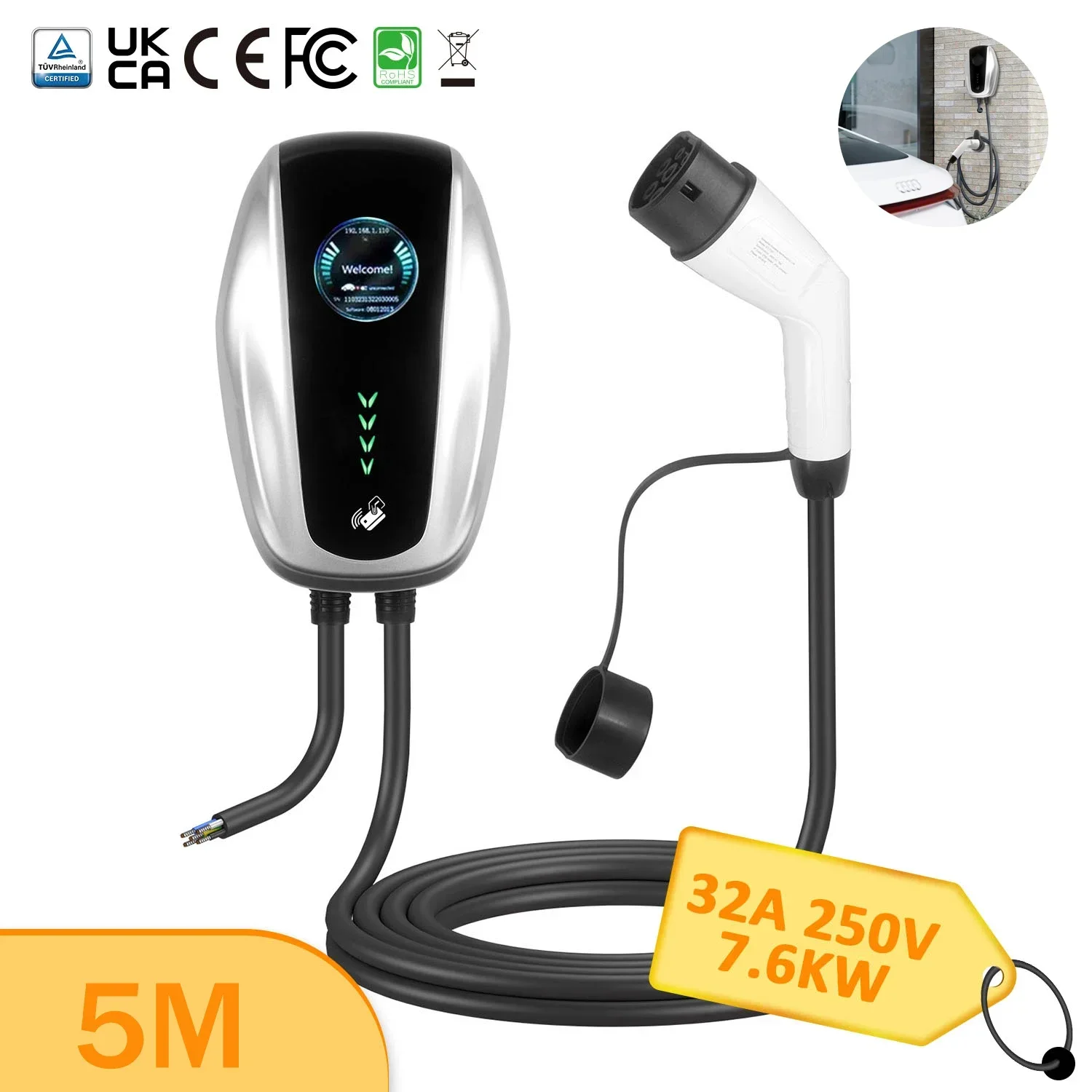 EV WallBox Type 2 Wall Charging Unit 32Amp 7.4kw 5M Cable IP55 Indoor Outdoor Protection EV Vehicles Car Charger
