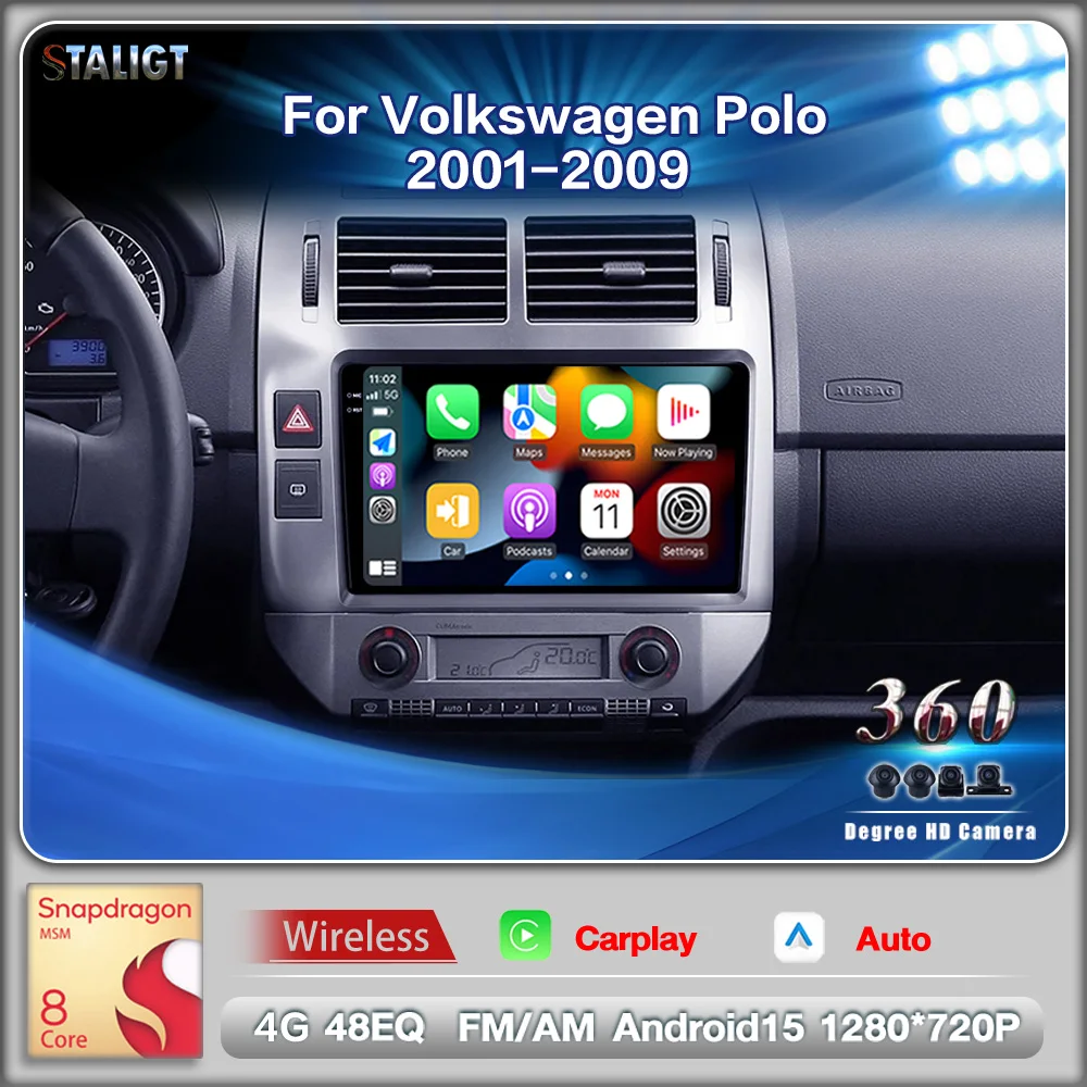 Autoradio Carplay أندرويد السيارات سماعة لاسلكية تعمل بالبلوتوث راديو السيارة مضخم صوت واي فاي نظام تحديد المواقع 8 النواة لفولكس واجن بولو Mk4 IV 2001-2009 2Din #1