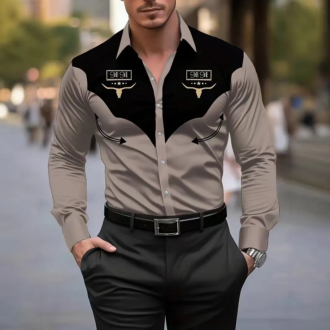 

Autumn men's long sleeved shirt cowboy patterned shirt 100% polyester Casual stripe shirt Breathable mens clothing Versatile top