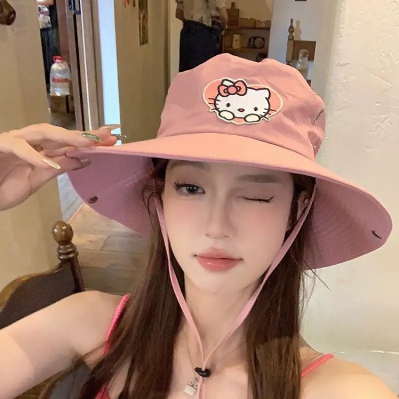 54-58Cm Cartoon Sweetheart Sanrios Hellokitty Large Brimmed Mountaineering Hat Outdoor Camping Sunscreen Cutes Canvas Hats Girls