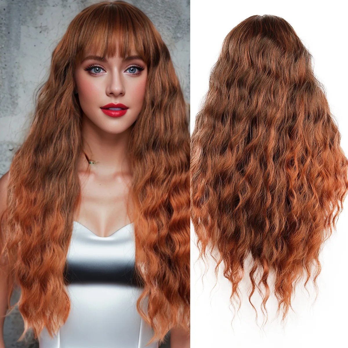 

Qi bangs wavy roll chemical fiber wig female full head cover brown red gradual change water ripple wigs