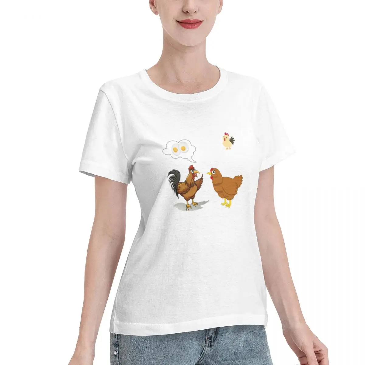 Bargain Price Chicken Family Women's T-shirt Summer Outfit Solid Color Tee