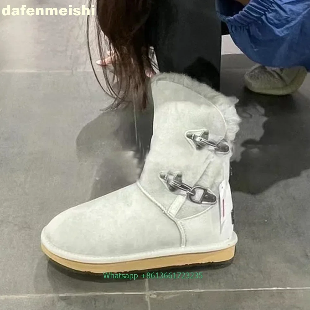 Round Toe Flat Bottom Fashion Snow Boots Women 2025 Winter New Retro Metal Buttons Plus Velvet Thick Warm Cotton Mid-Calf Boots