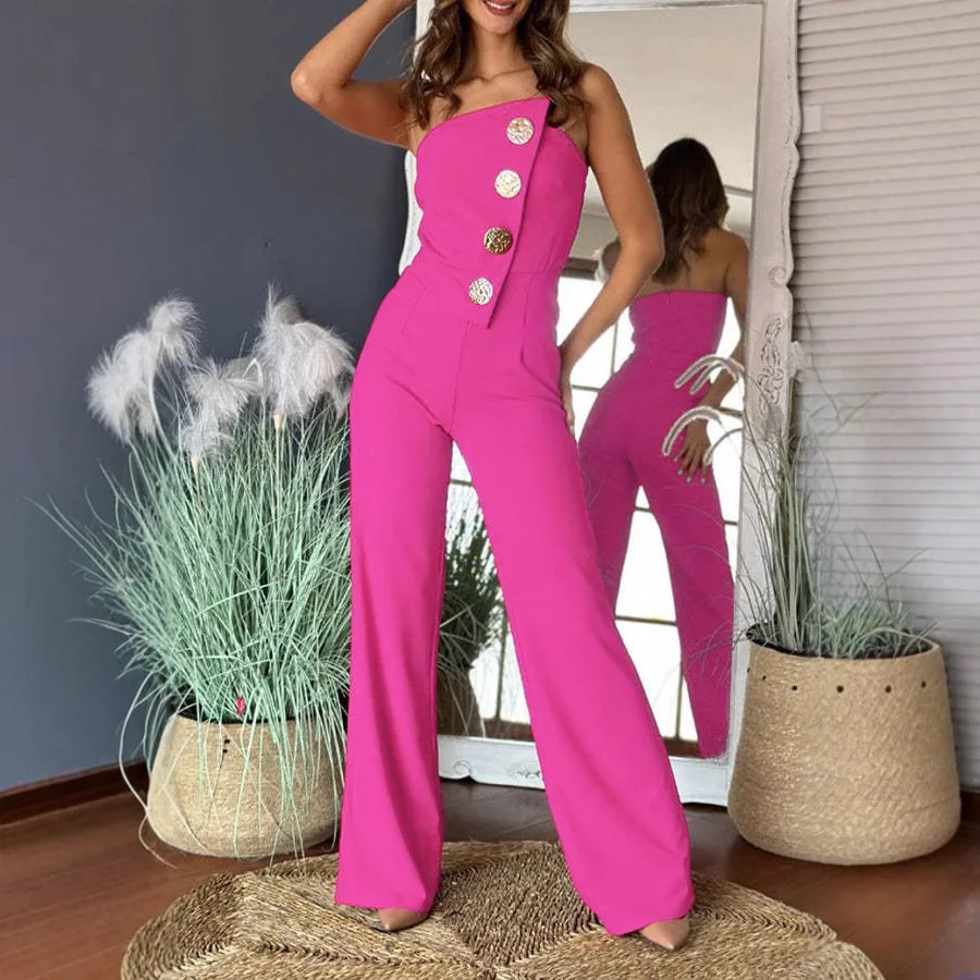 

2025 New Fashion Printed Backless Button Jumpsuit Women Summer Sexy Elegant Solid Color High Waist Sleeveless Jumpsuit Women