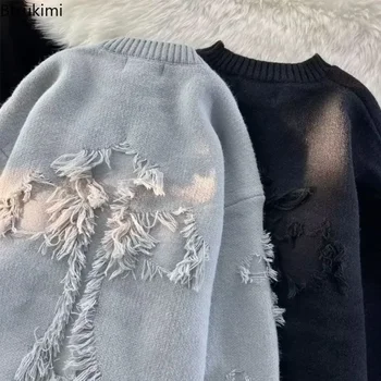 Men's Distressed Knit O-Neck Sweater 2 2026 Street Style Broken Holes Sweaters for Men Autumn Winter Thick Knitted O Neck Pullovers Vintage Casual Couple Sweater Coats 2