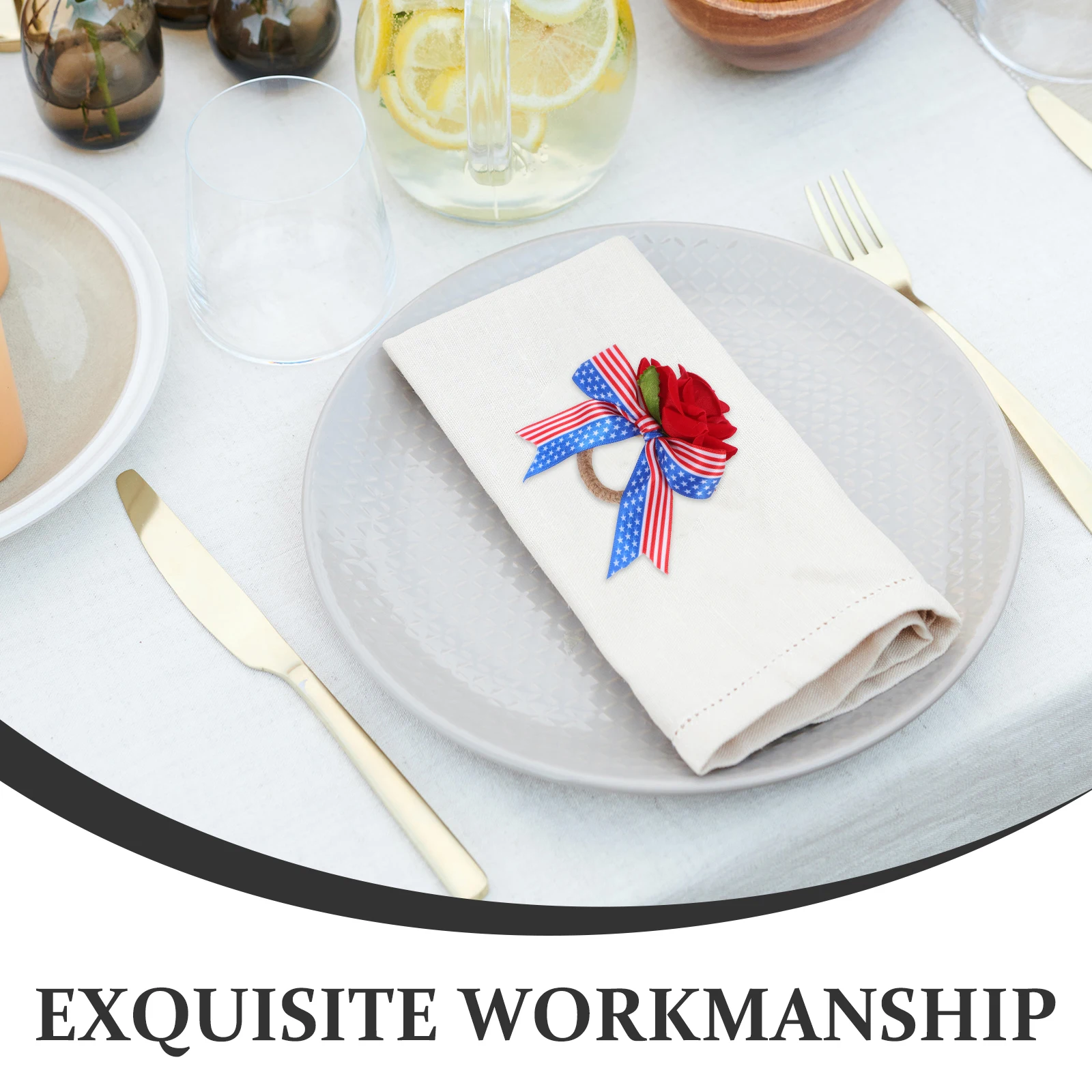 

Jute Rope Independence Day Napkin Ring Holder Patriotic Serviette Buckle Artificial Rose Party Decorative Napkin Clasp