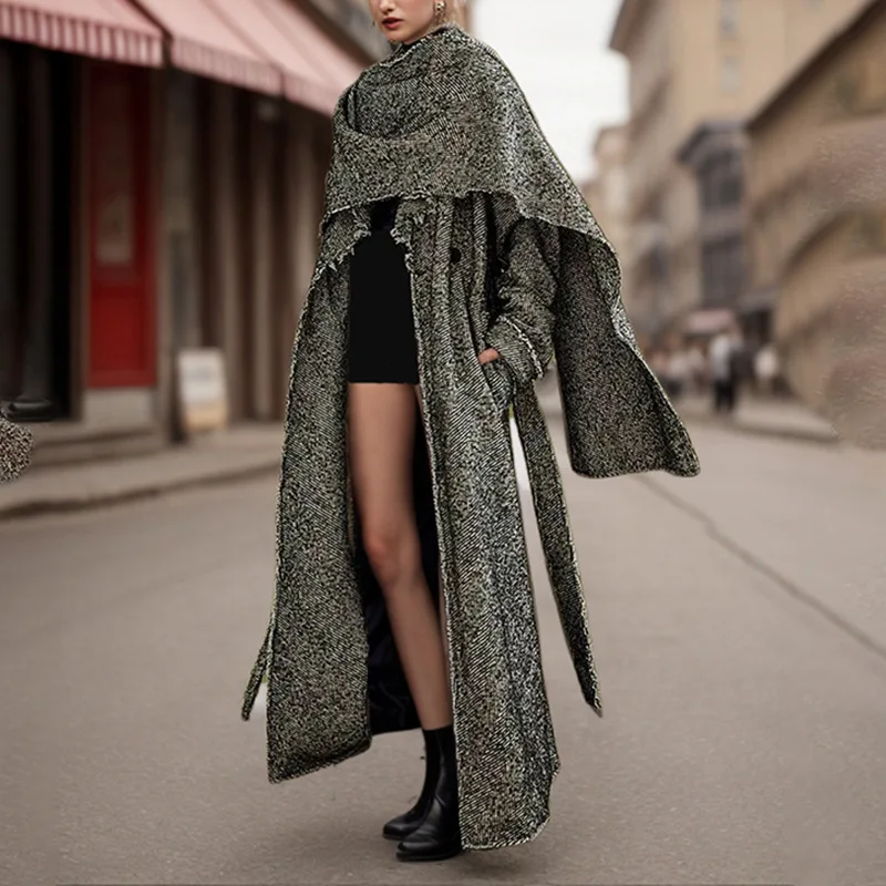 

Женский осенний модный шикарный пояс для похудения, твидовый длинный плащ, дизайн в стиле шарфа для стильной верхней одежды