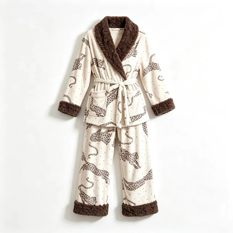Island Velvet Sleepwear Luxury Fur Collar Leopard Print Pajamas Suit Autumn Winter New Warm 2PCS Outfit Robe Pants Loungewear