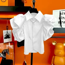 Lantern Sleeve Slim Fit Black Shirt Top Women's Lapel French Shirts Blusas Mujer Loose Blouse White Roupas Femininas New