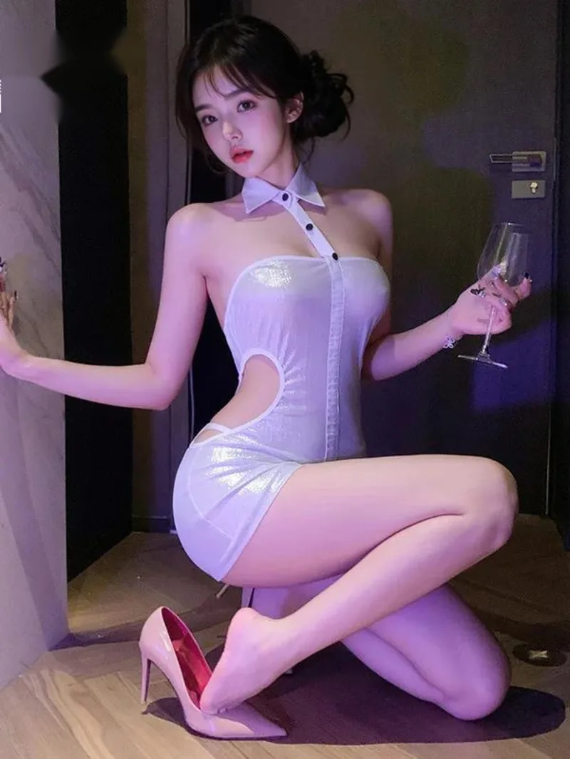 Exotic Hot Sexy Tank Mini Dress Pu White Bare Shoulder Nightclub Sexy Uniform Spicy Girl Dress Elegant Spice Girls 2025 New PNM7