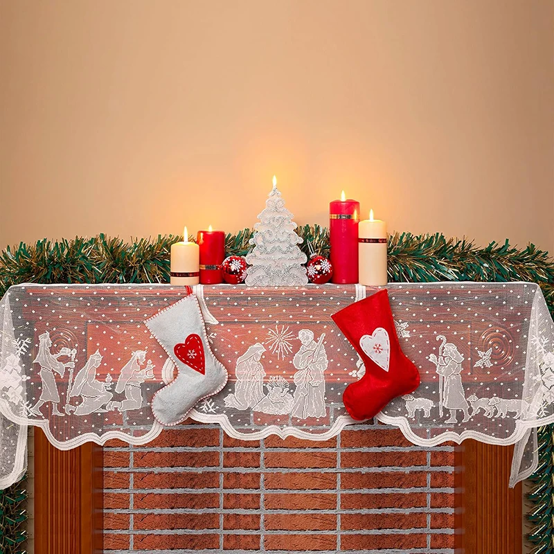 1 Stück Weihnachtliche Weiße Spitzen-Jesus-Girlande Kaminschürze für Familien-Wohnzimmer Innendekoration, 20 X 90 Zoll – Detail 4