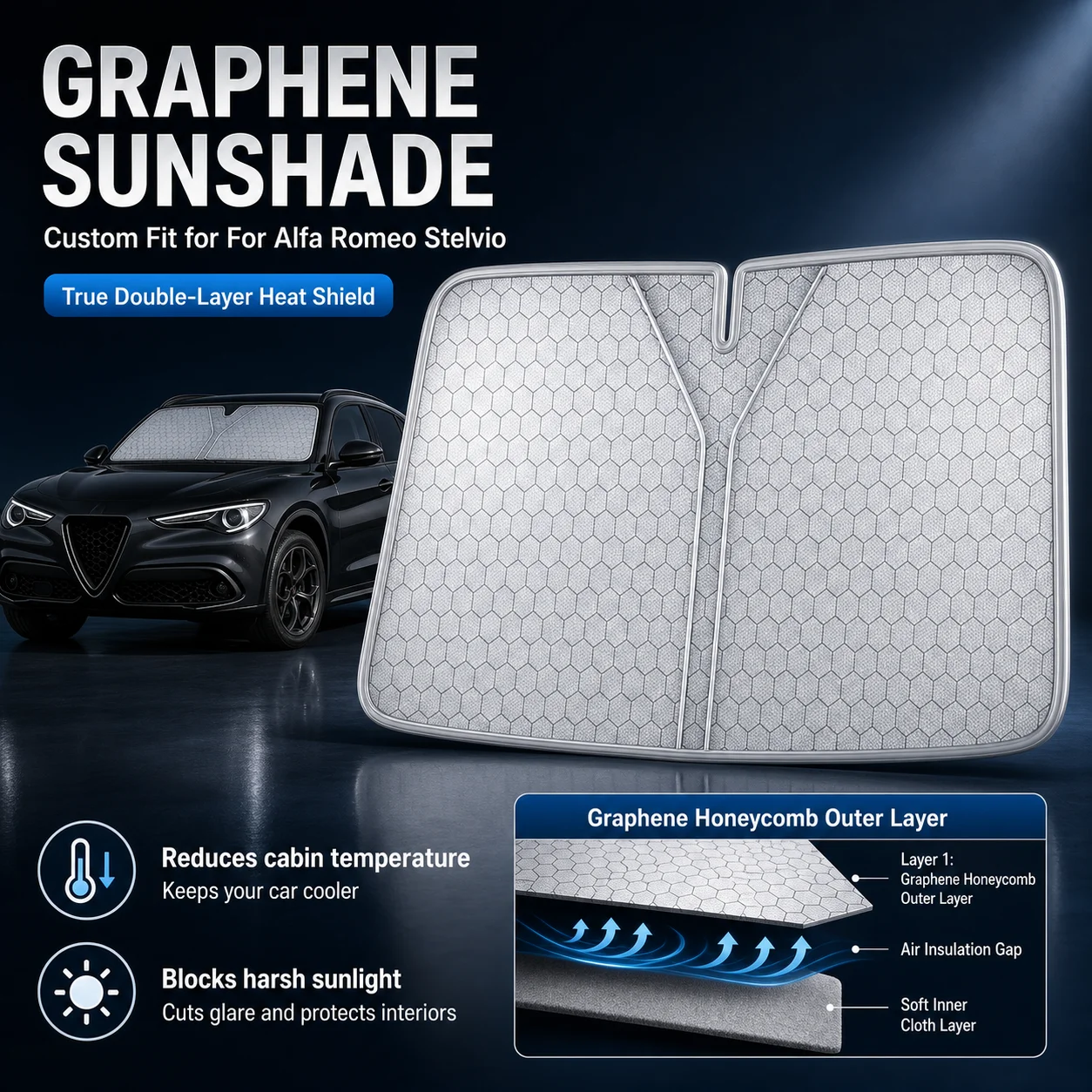 For Alfa Romeo Stelvio Graphene Windshield Sunshade Custom Fit Car Sunshade UV Sun Protection Car Interior Accessories