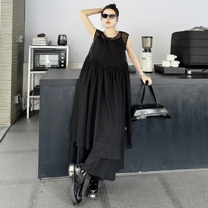 

Women Solid Mesh Dresses Sheer A Line Dress Ankle Lenth Sleeveless Round Neck Loose Fit Casual Elegant Office Lady 2025 Summer