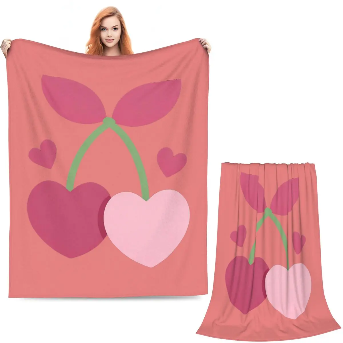 Pink-Purple Heart Cherries With Green Leaf Vines Blanket Soft Warm Flannel Throw Blanket Bedding for Bed Picnic Travel Home Sofa