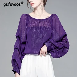 Women Fashion Elegant Sexy See Through Blouses Office Lady Luxury Bright Silk Commute Shirts O Neck Long Sleeve Solid Loose Tops