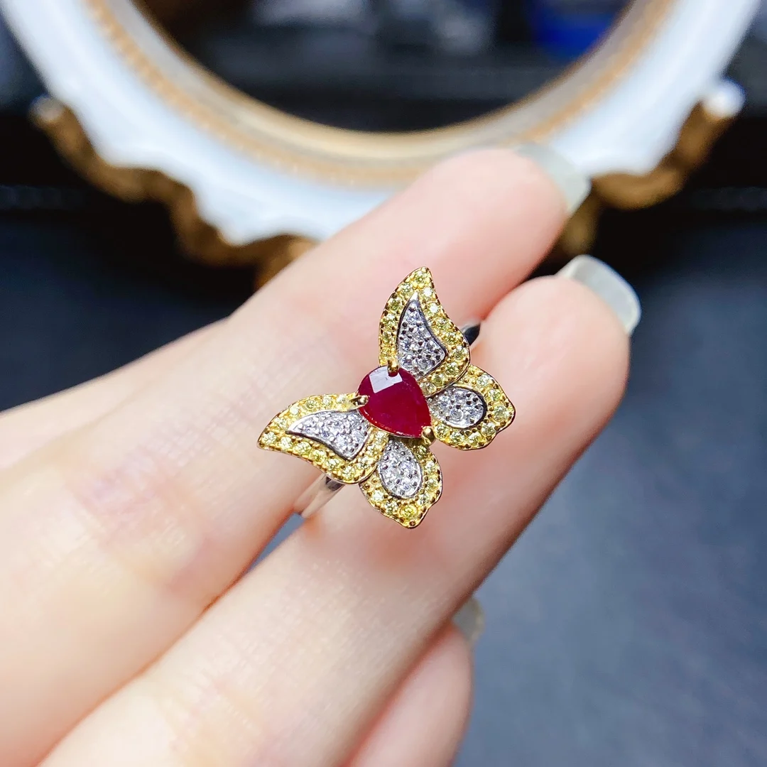 FS Real S925 Sterling Silver Inlay 4*6 Natural Ruby Butterfly Ring for Women Charm Fine Fashion Weddings Jewelry MeiBaPJ