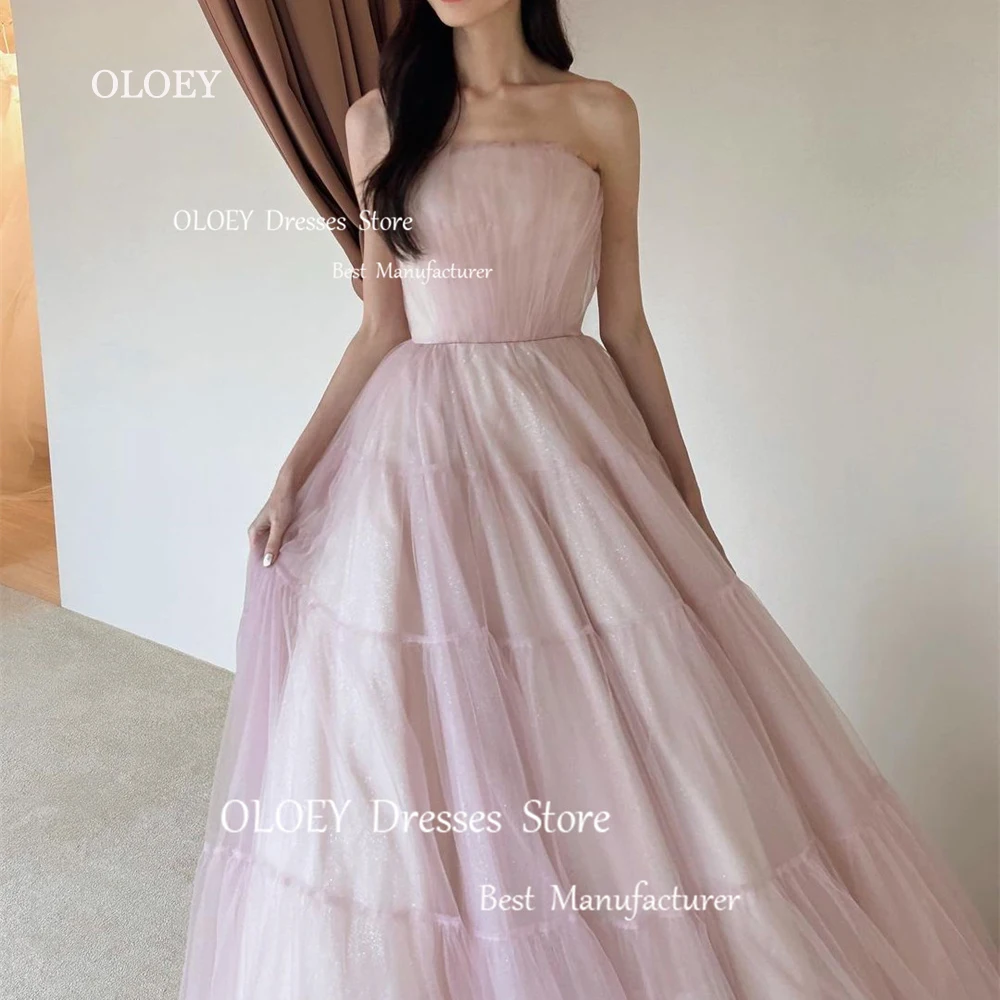 OLOEY Elegant Glittery Strapless Prom Dresses Korea Wedding Photoshoot Silky Tulle Evening Dresses Floor Length Corset/Zip Back