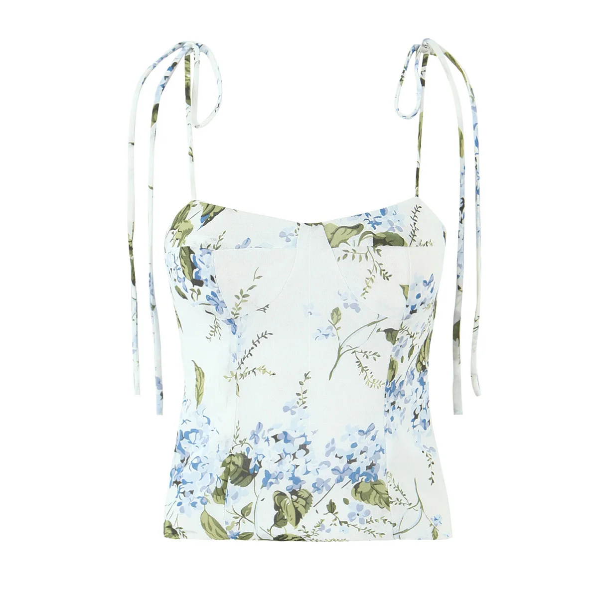 2025 Sexy White Floral Print Bow Lacing up Strap Camis Women Slim Camisole Ruched Elastic Back Zipper Crop Top Bra Tank Vest