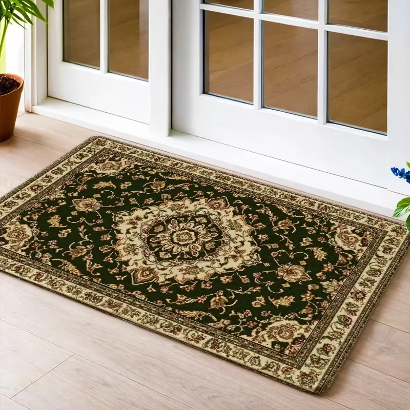 Vintage Black Base Persian Door Mat Non Slip Entrance Doormat Traditional Oriental Floral Medallion Floor Rug