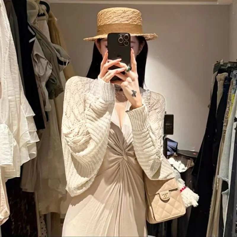 Summer New Hollow Ice Silk Knitted Sunscreen Shawl Women's Fashion Versatile Long Sleeve Thin Solid Color Air Conditioning Cloak